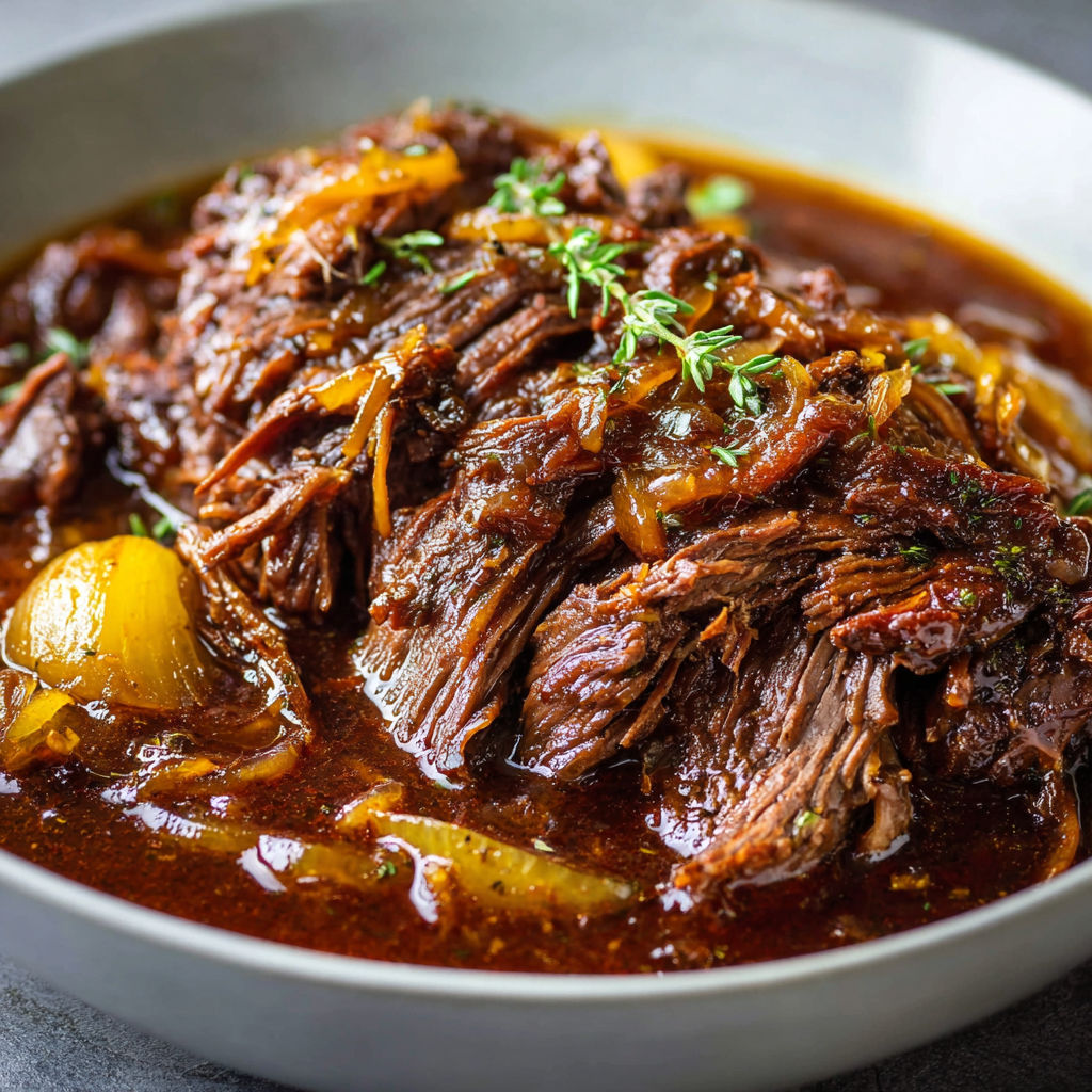 Un plat de Bœuf effiloché archi moelleux nappé d’oignons dorés et d’un jus riche.