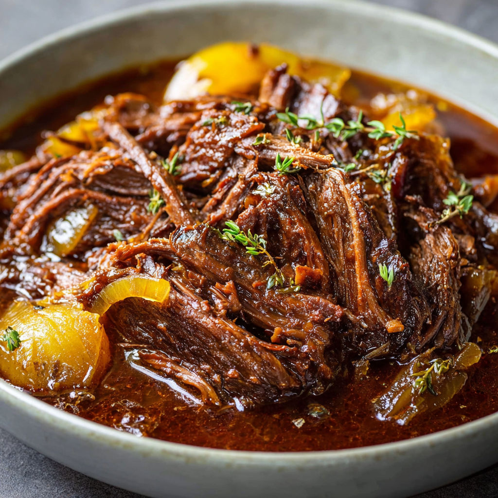 Bœuf mijoté longtemps et effiloché dans une sauce vraiment parfumée et corsée.