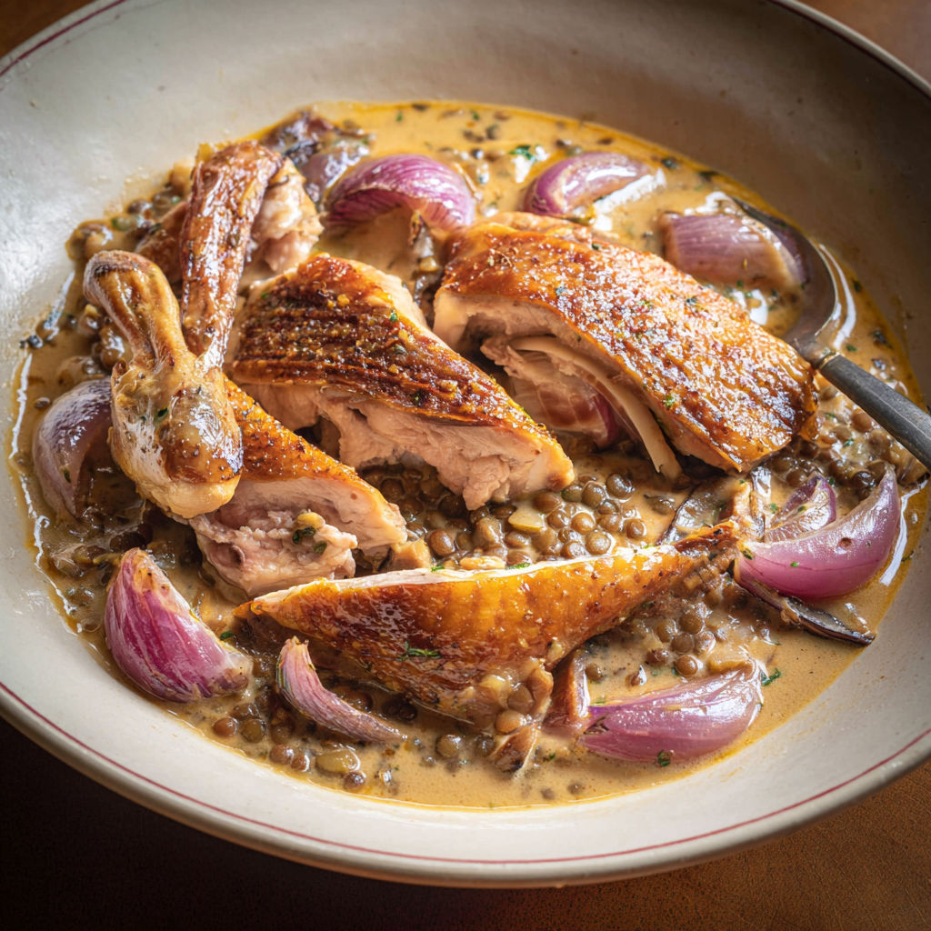 Sur une table, une assiette de pintade à l’auvergnate accompagnée de légumes colorés et d’herbes fraîches.