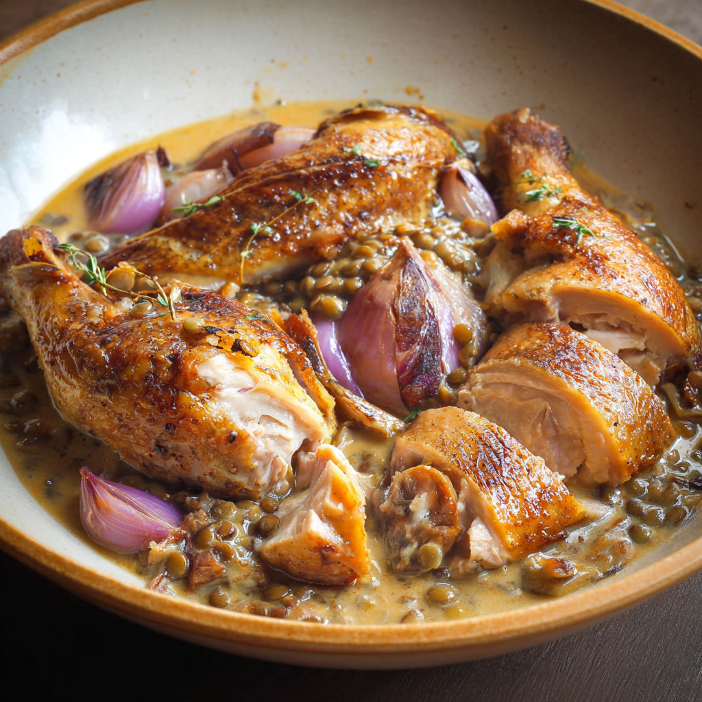 Une pintade à l'auvergnate arrive toute dorée dans un grand bol en céramique.