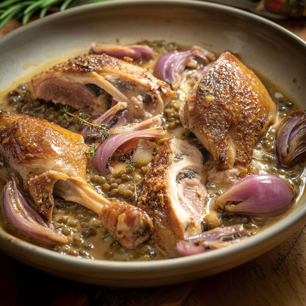 Un grand bol de pintade à l'auvergnate est posé sur la table, prêt à être partagé.
