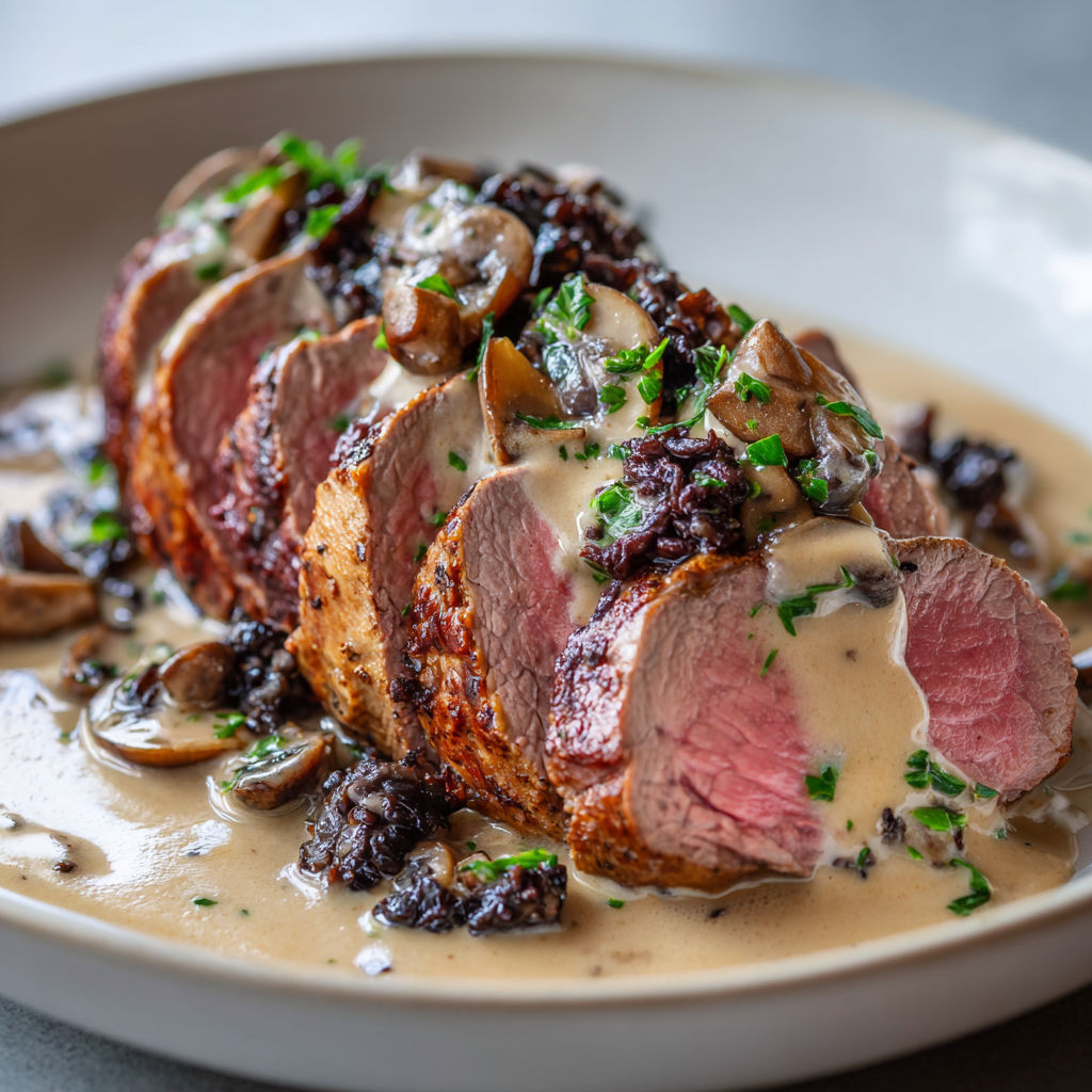 Une assiette avec filet de boeuf et trompettes de la mort, tout joli sur son plateau.