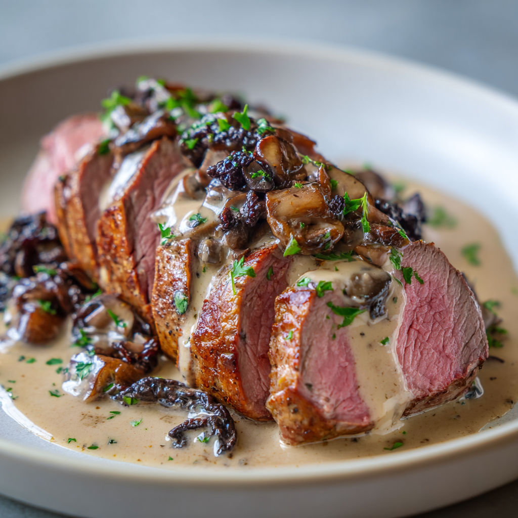 Tranches de filet de bœuf ultra tendre nappées d’une sauce onctueuse aux trompettes de la mort.