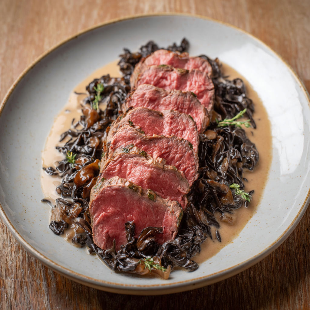 Filet de bœuf rosé tout doux et sauce élégante aux champignons noirs.