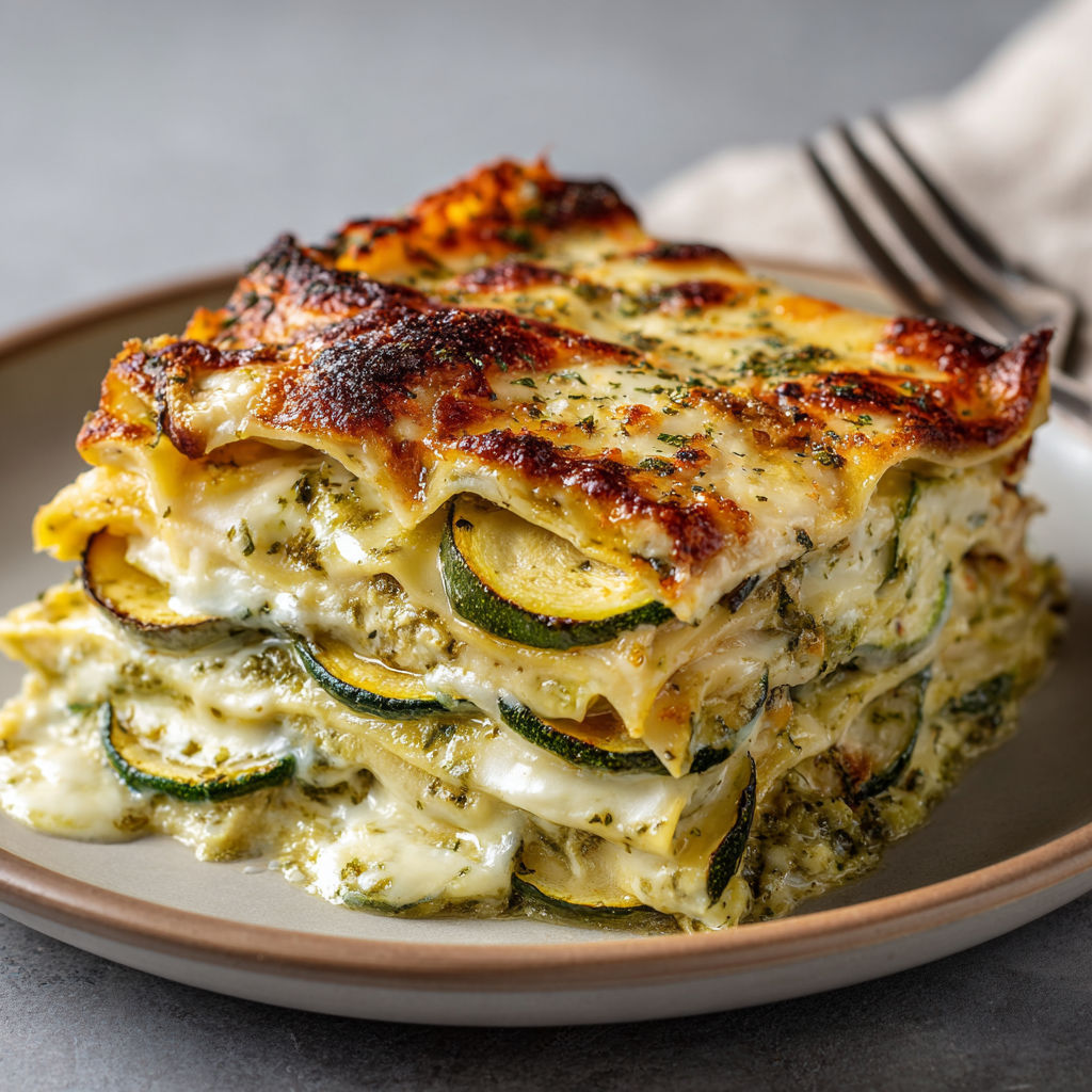 Part de lasagne mozza courgette sur une assiette, prête à être dégustée.