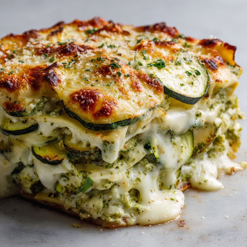 Part de lasagne mozza courgette entourée de courgettes et d’herbes fraîches.