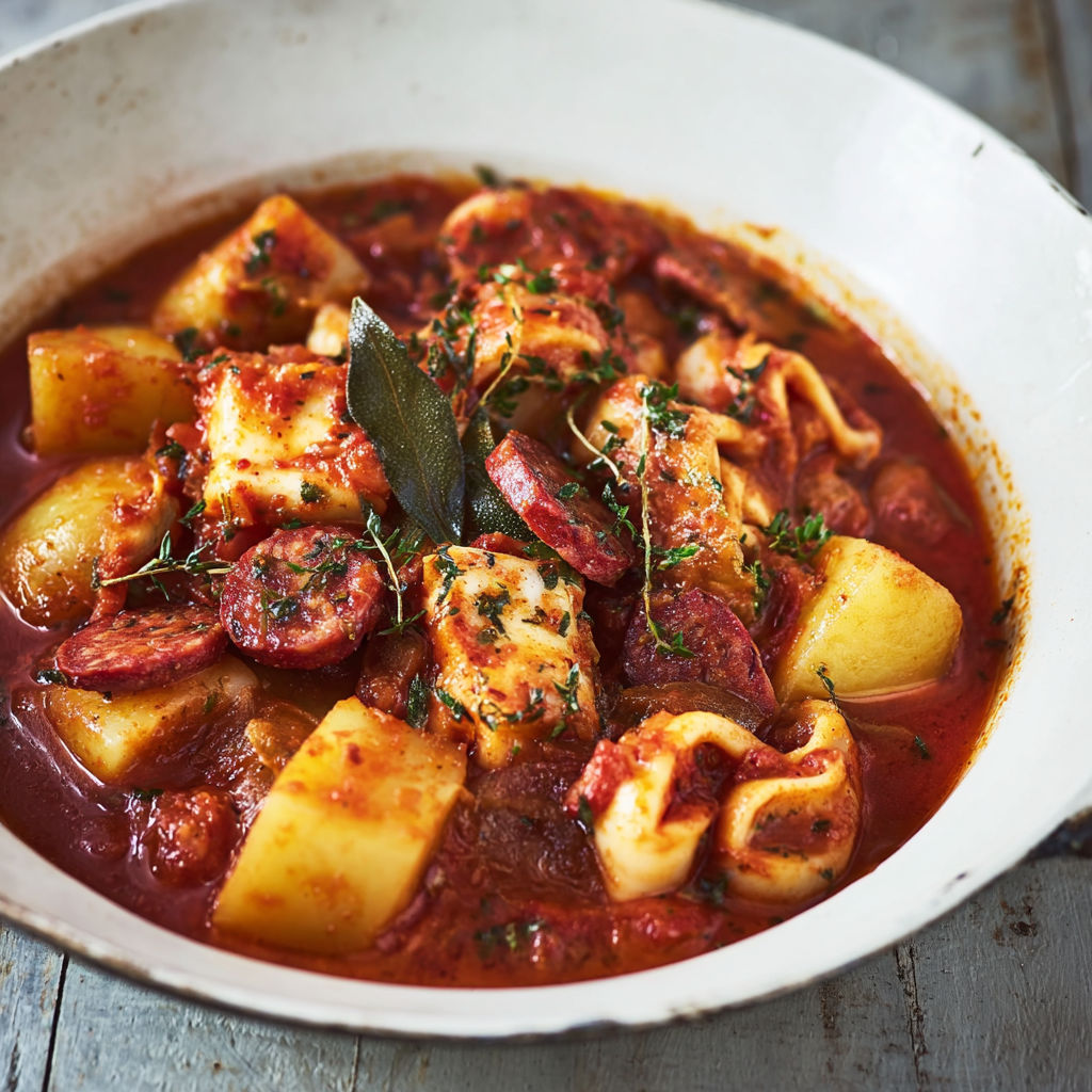 Dans un bol blanc, un bon mélange de calamars et chorizo.