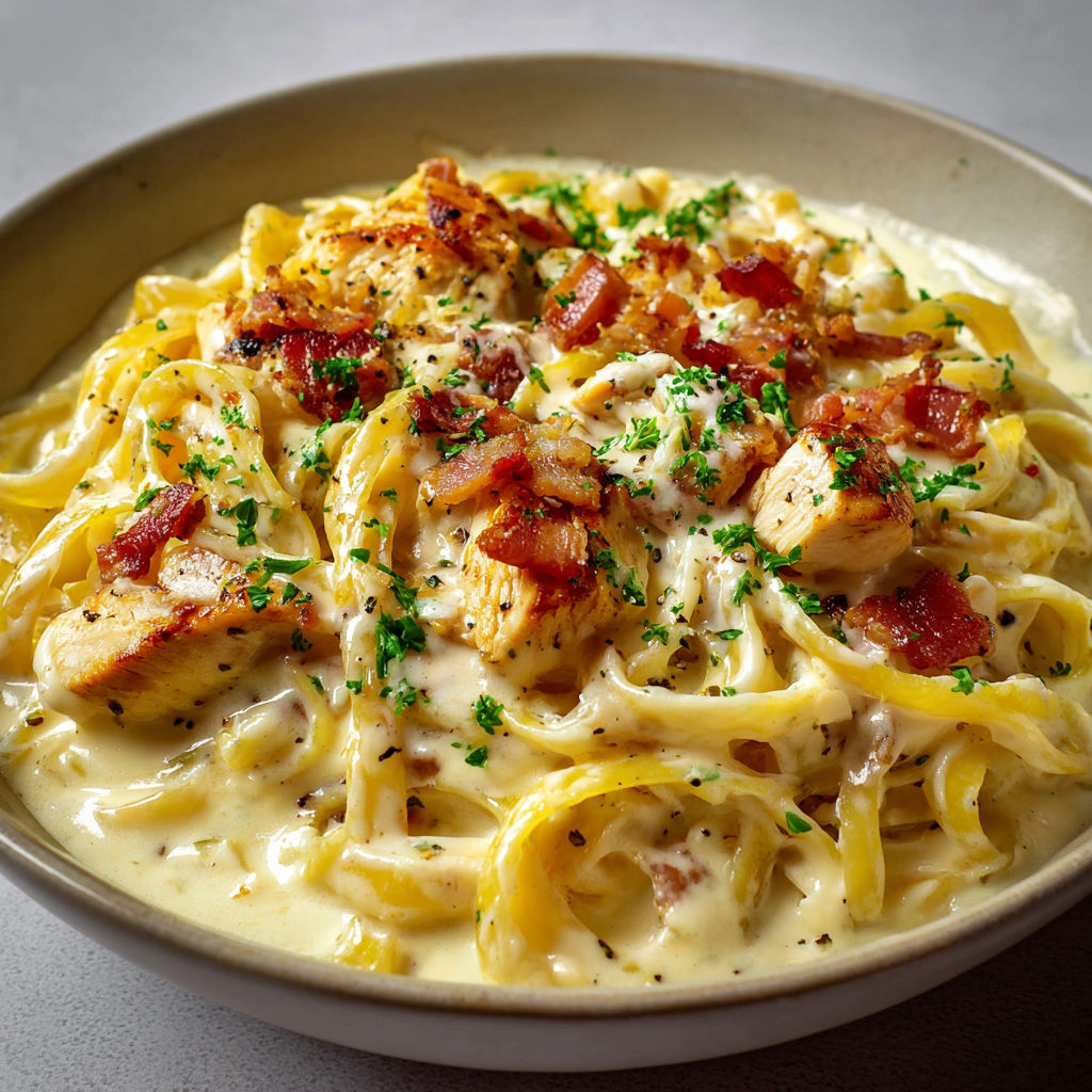 Bol garni de Pâtes Crémeuses au Poulet façon italienne prêt à être dégusté.