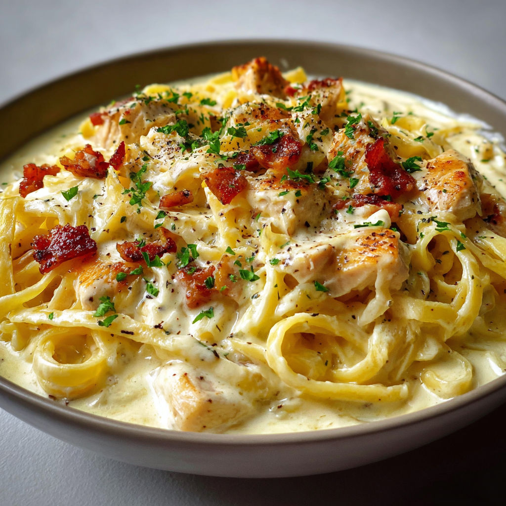 Un plat gourmand de tagliatelles ultra onctueuses au poulet doré et parmesan fondant.