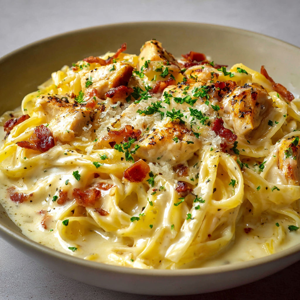 Une assiette de tagliatelles généreuses sauce crémeuse et poulet à l’italienne.