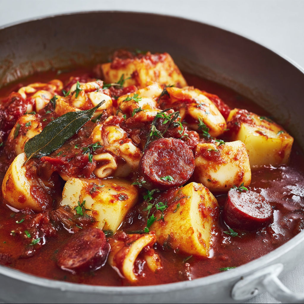 Calamars extra tendres mijotés au chorizo et pommes de terre fondantes.