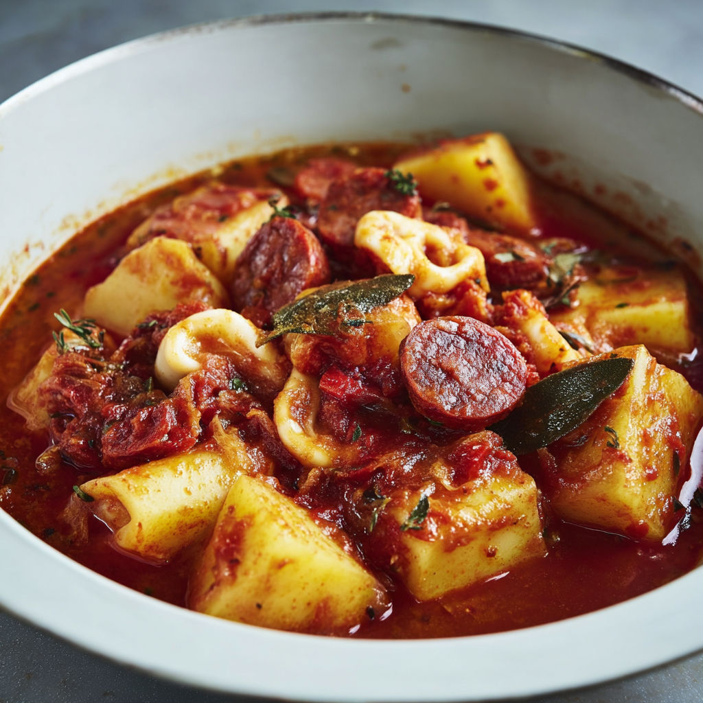 Calamars moelleux cuits doucement au chorizo dans une sauce à la tomate parfumée.