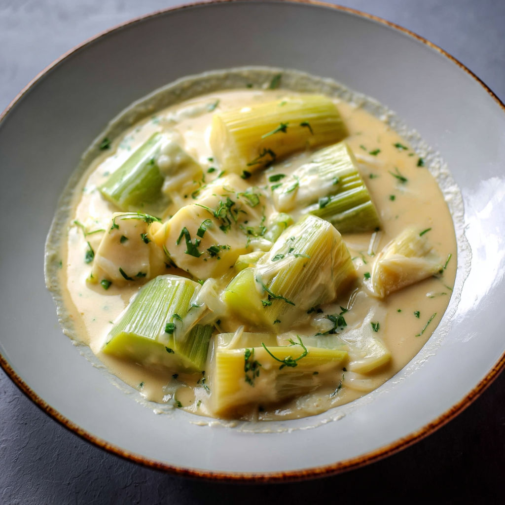 Blanquette ultra moelleuse de poireaux parfumés au poiré artisanal.