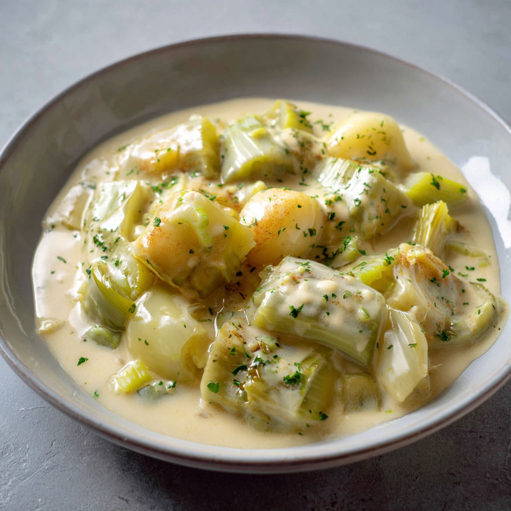 Une belle assiette bien crémeuse de blanquette de poireaux et poiré artisanal.