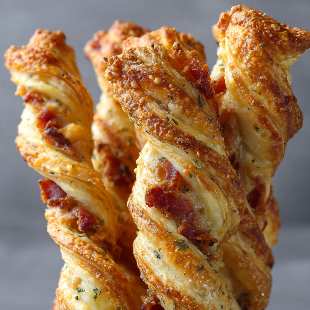 Délicieuses torsades feuilletées d’apéro aux herbes et épices servies sur une planche en bois.