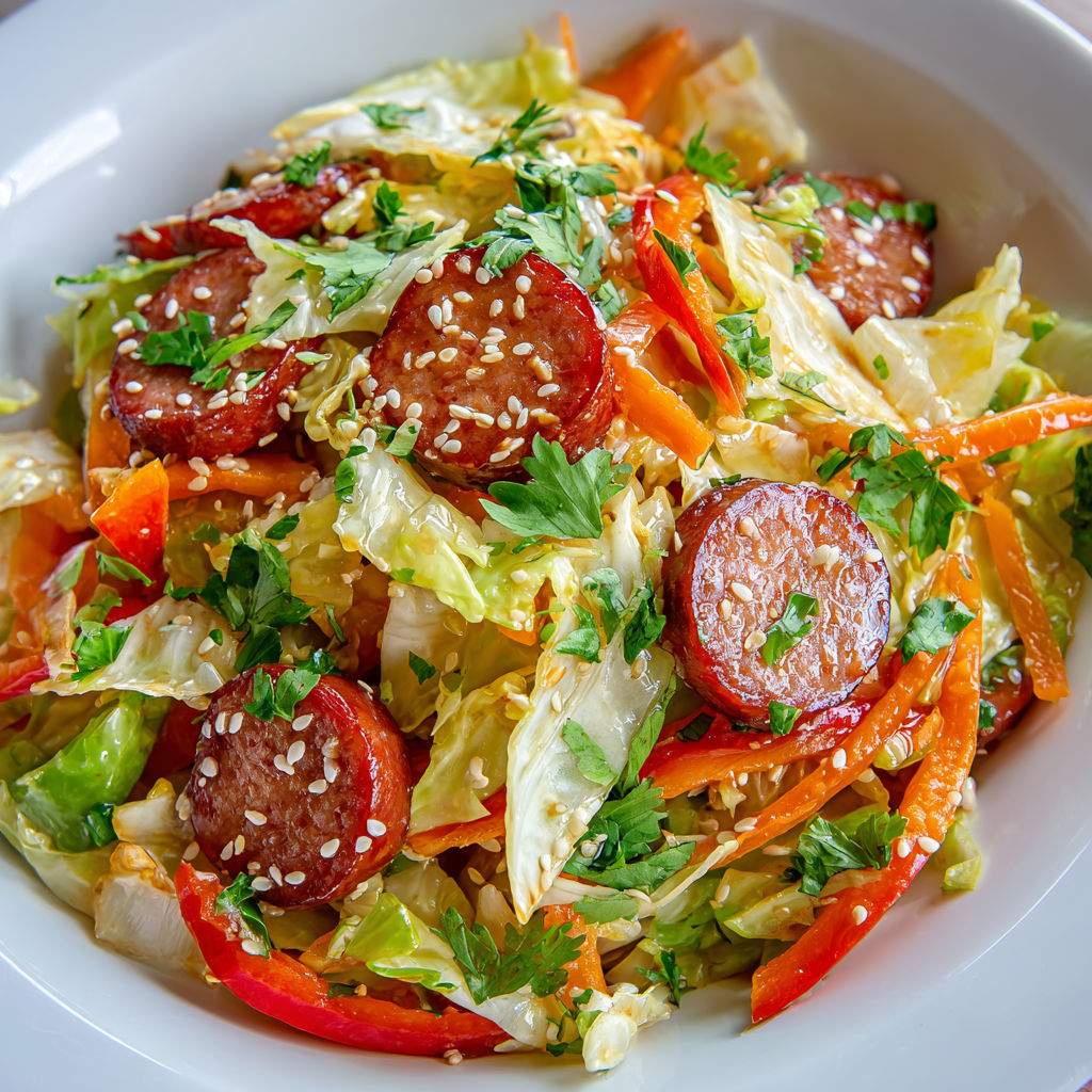 Dans un bol blanc, une belle salade fraîche de chou et Montbéliard coupés s’invite à table.