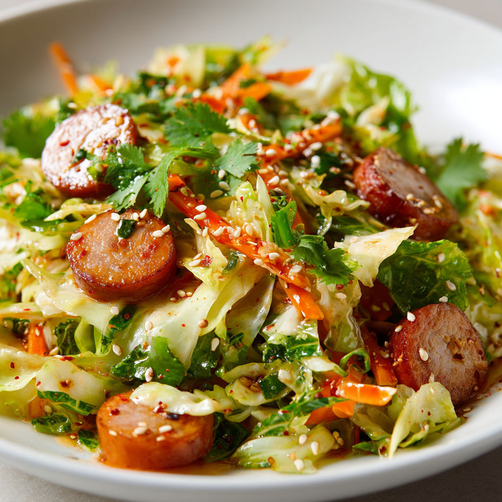 Chou chinois croquant et saucisses de Montbéliard tièdes, salade pleine de peps.