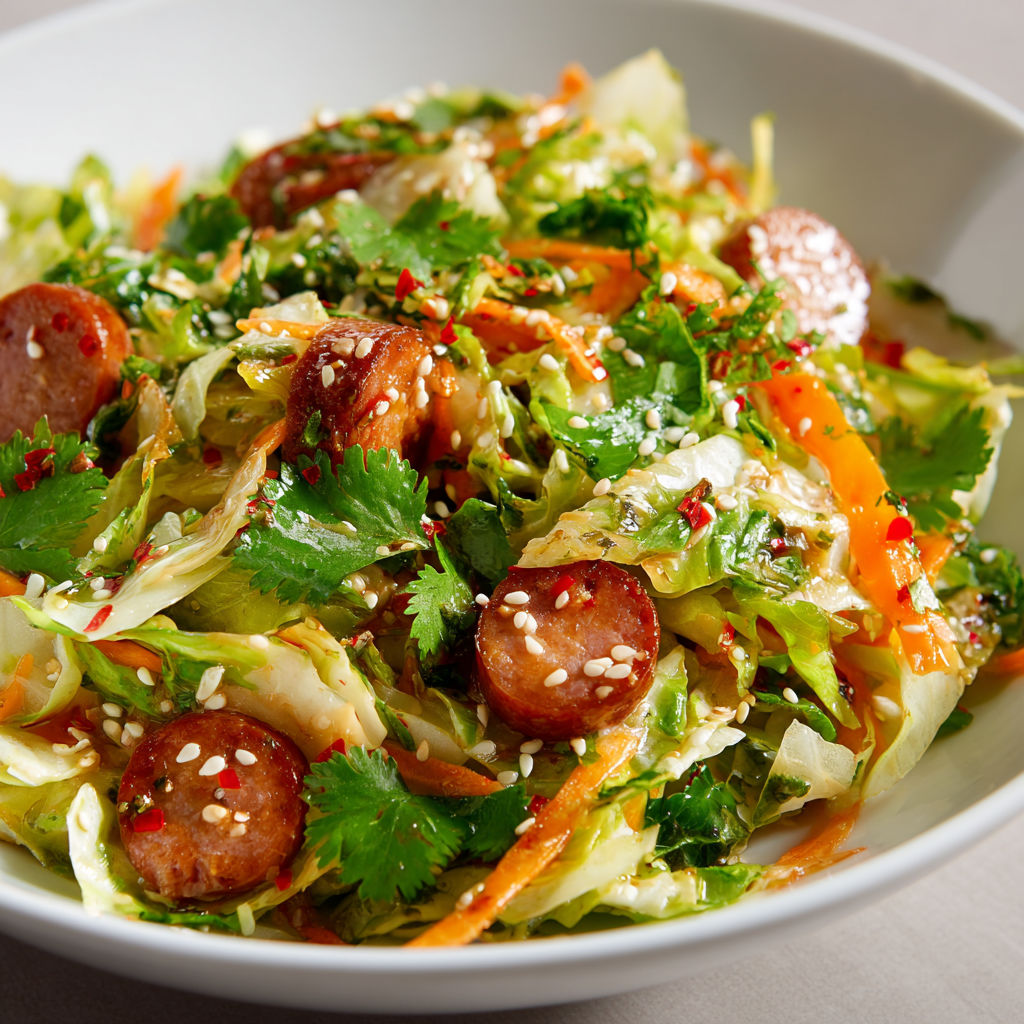 Chou et carottes croquants avec saucisse de Montbéliard à la touche asiatique, super salade.