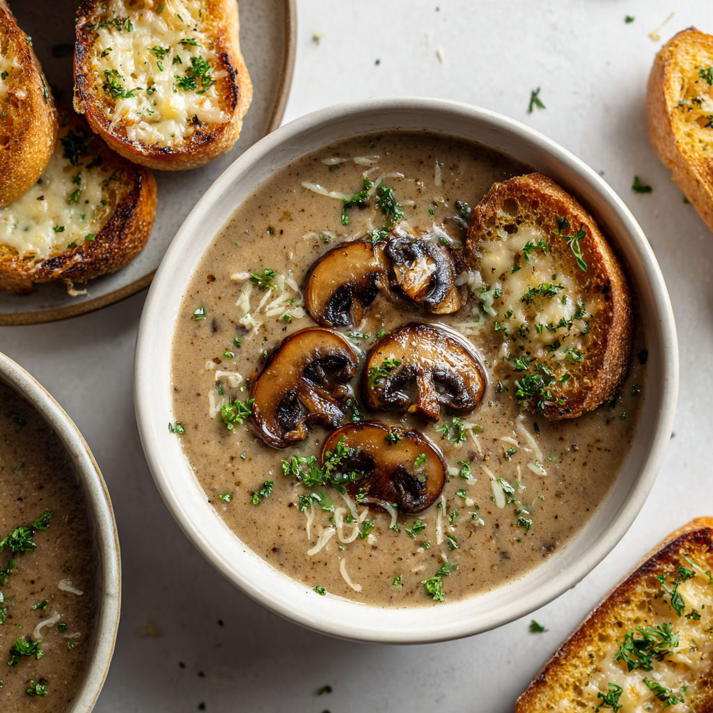 Soupe crémeuse de champignons avec pain gratiné à l’ail, parfaite pour se sentir bien chez soi.