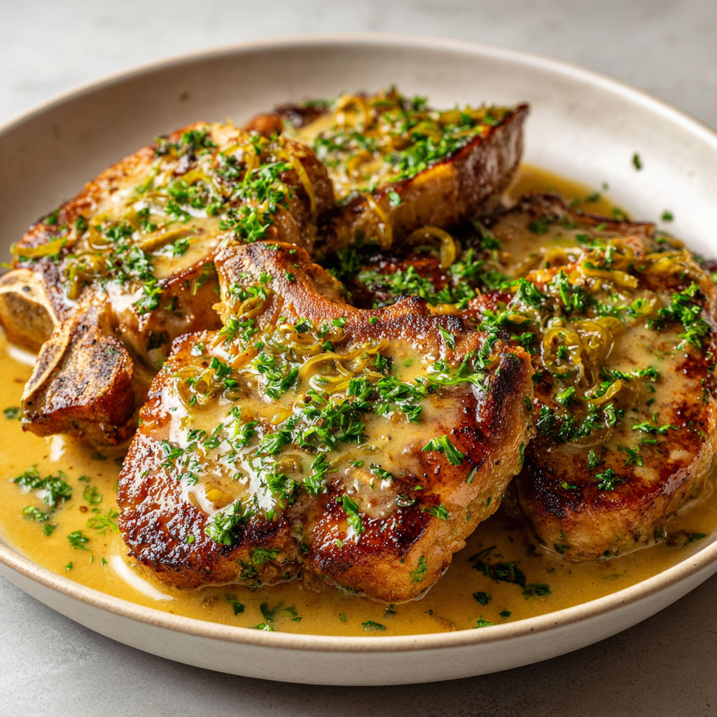 Un plat de côtes de porc nappées de sauce charcutière, parsemé d'herbes fraîches, le tout bien gourmand.