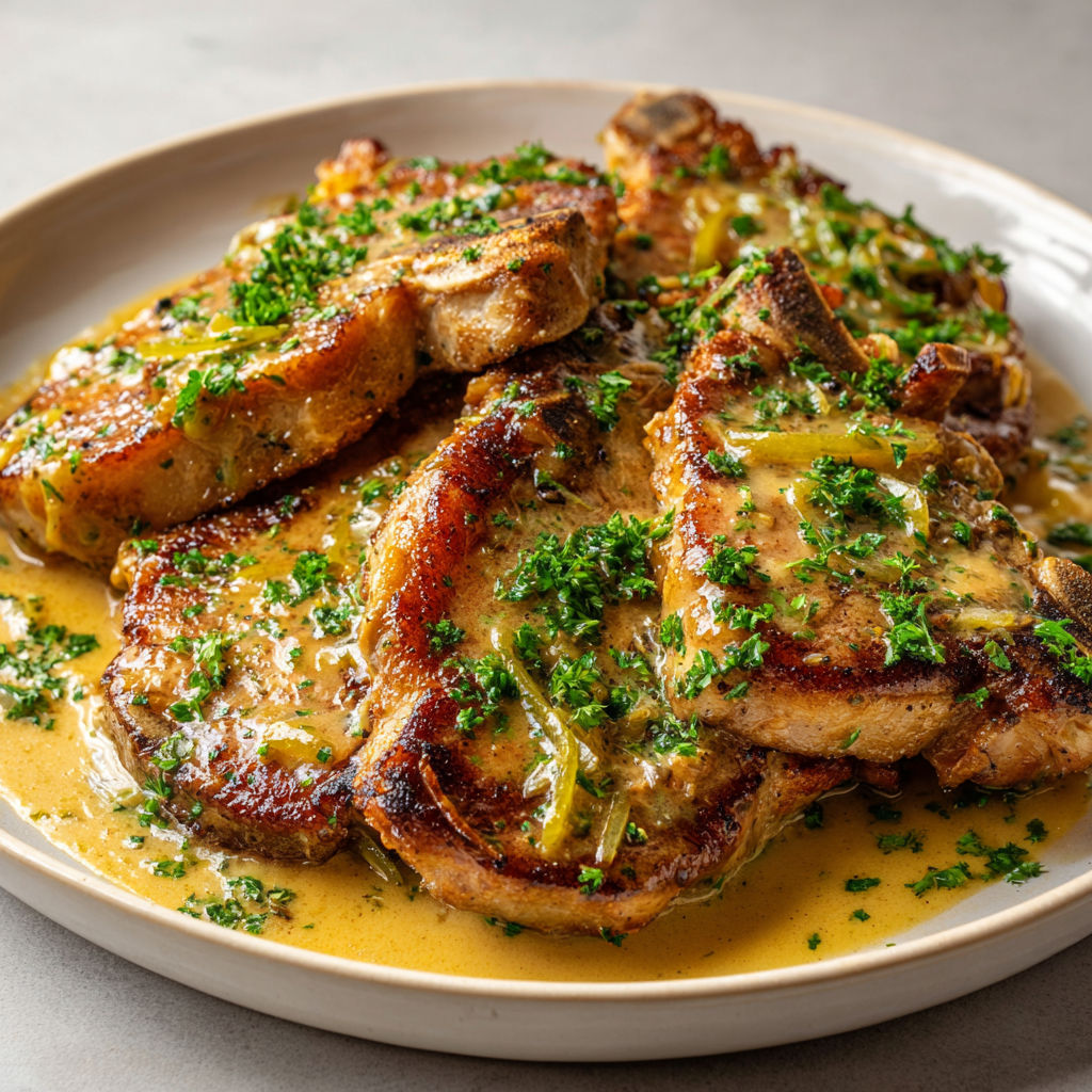 Assiette de côtes de porc sauce charcutière avec des herbes et des légumes, servie à table, ambiance familiale.