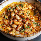 A bowl of soup with beans and spices.