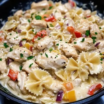 A close-up of a creamy chicken pasta dish featuring bow tie pasta, diced vegetables, and garnished with fresh parsley.