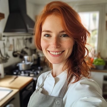 A woman with red hair is smiling in a kitchen.