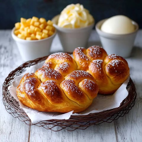 Une brioche dorée et moelleuse, avec du sucre croquant, servie avec des morceaux de mangue, de la crème fouettée et une boule de glace.