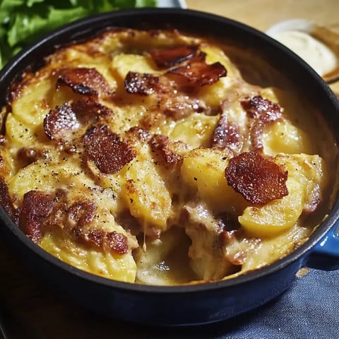 Gratin doré avec des morceaux de pommes de terre et fromage, fumée alléchante en surface.