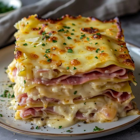 Un plat de lasagnes parfaitement doré, garni de fromage fondu et de jambon fumé, avec une touche de persil frais.