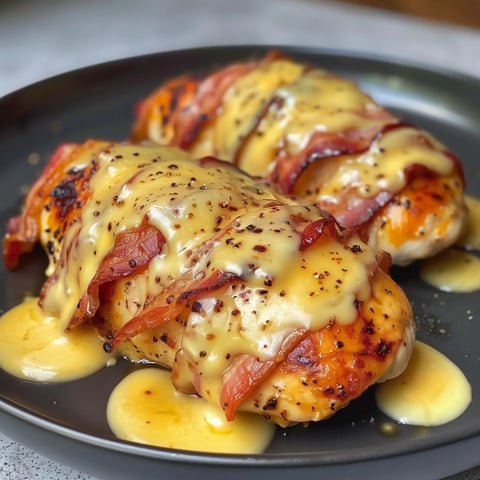 Deux morceaux de poulet mijotés avec du fromage fondu et enrobés de bacon croustillant, posés sur une assiette noire avec une sauce à côté.