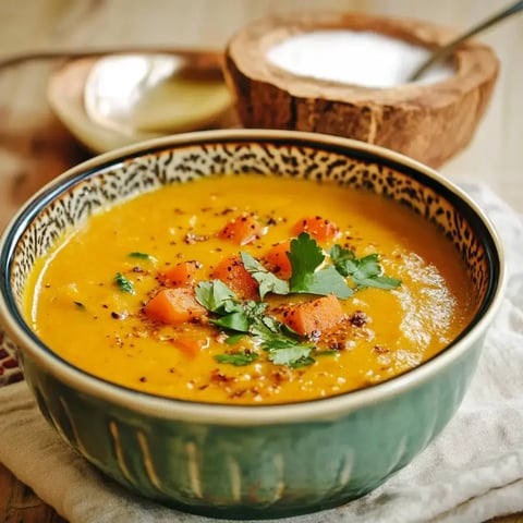 Un bol de velouté doré garni de coriandre et dés de carotte, accompagné d’un bol de sel à côté.