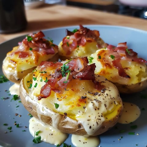 Pommes de terre farcies de bacon, fromage fondu, et persil frais, servies sur une assiette.