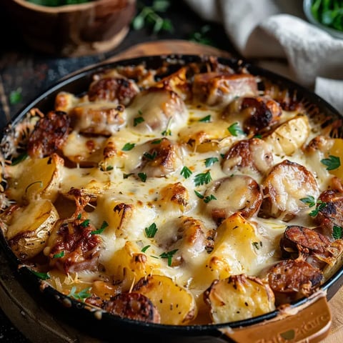 Un gratin irrésistible alliant pommes de terre, saucisse fumée et fromage coulant, parfait pour un repas familial.