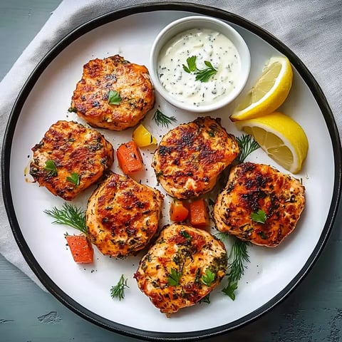 Assiette de galettes de saumon accompagnées de sauce, de quartiers de citron et de légumes colorés.