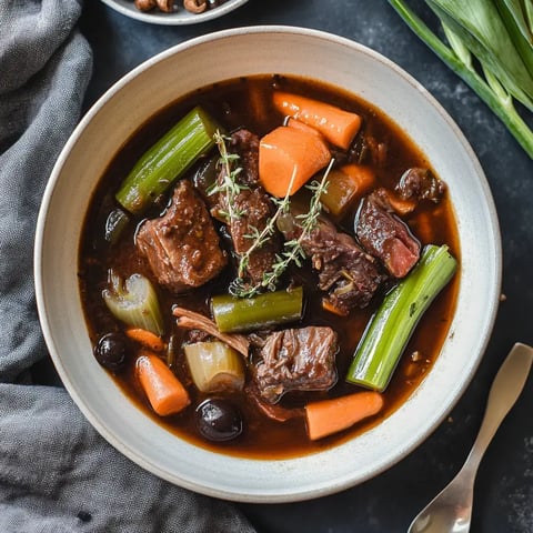 Bol rempli de ragoût de bœuf, avec légumes et herbes sur un tissu gris, ingrédients autour.