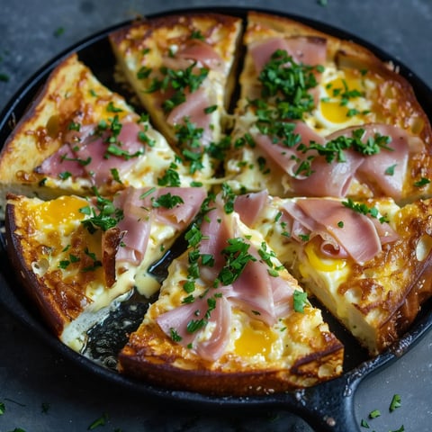 Un pain doré au jambon et fromage fondant présenté dans un plat rustique.