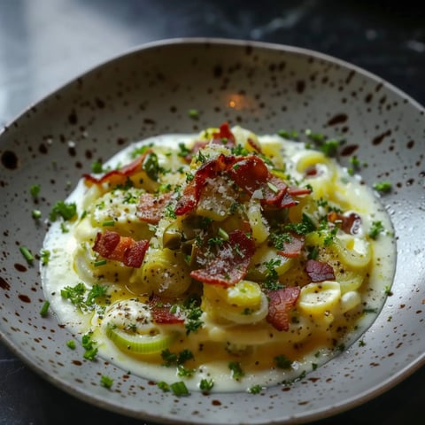 Un plat crémeux de poireaux façon Carbonara, décoré de lardons croustillants et d’une touche de parmesan.