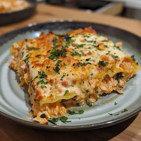 Lasagnes au thon dorées, parsemées de fromage et persil, posées sur une assiette.