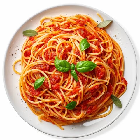 Bol de pâtes en sauce tomate avec des morceaux de basilic frais.