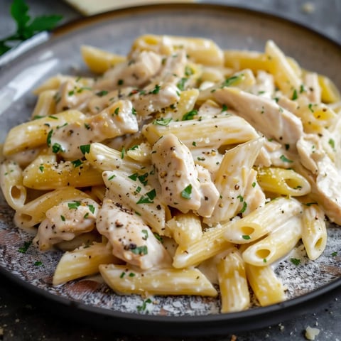 Pâtes au poulet crémeuses avec persil servies dans une assiette.