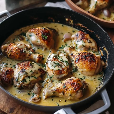 Poulet nappé de sauce crémeuse, présenté avec du persil frais dans une poêle.