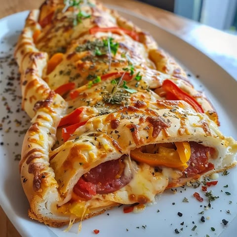 Pain tressé garni de fromage, saucisse et légumes, accompagné d’herbes fraîches.