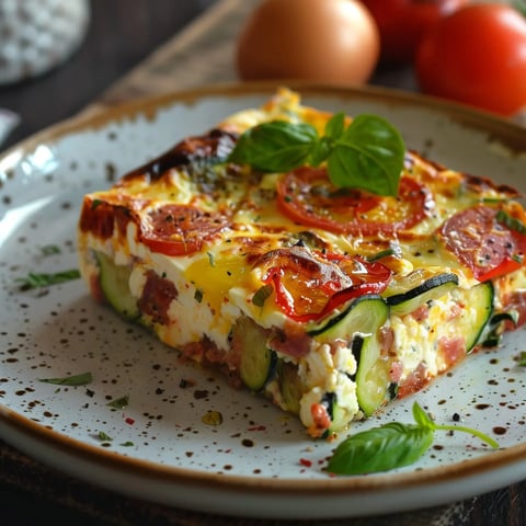 Un morceau gourmand de terrine aux légumes et feta, accompagné de tomates et basilic sur une assiette.