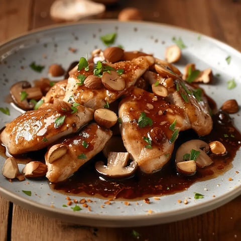 Poulet tendre et sauce crémeuse avec champignons, garnis de noisettes croquantes.
