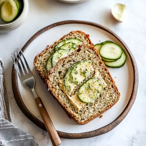Tranche de pain recouverte de fromage frais et de fines rondelles de concombre, présentée sur une assiette avec une fourchette et des lamelles de concombre autour.