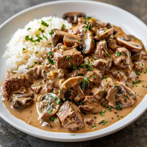 Un plat généreux de bœuf tendre avec sauce crémeuse et champignons, servi avec du riz et décoré de persil.