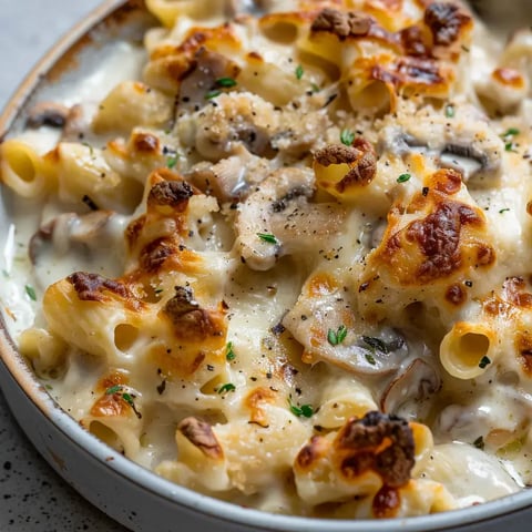 Une assiette de pâtes délicieusement gratinées avec des champignons tendres et une croûte au fromage.