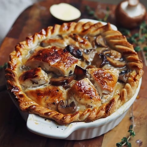 Tourte dorée garnie de morceaux de poulet et champignons dans un plat céramique.